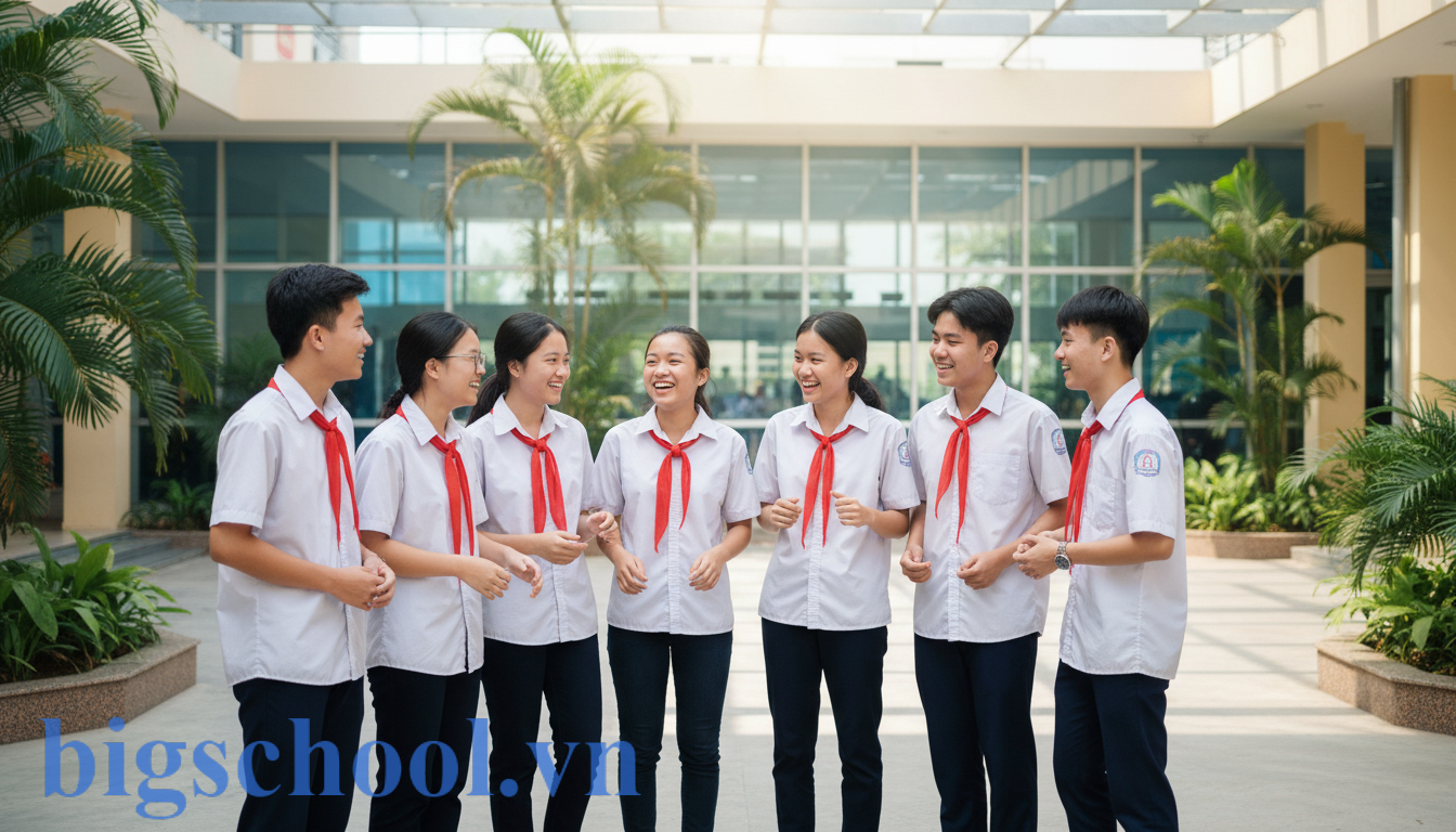 Nhóm học sinh Việt Nam tương tác tích cực trong khuôn viên trường nội trú hiện đại.