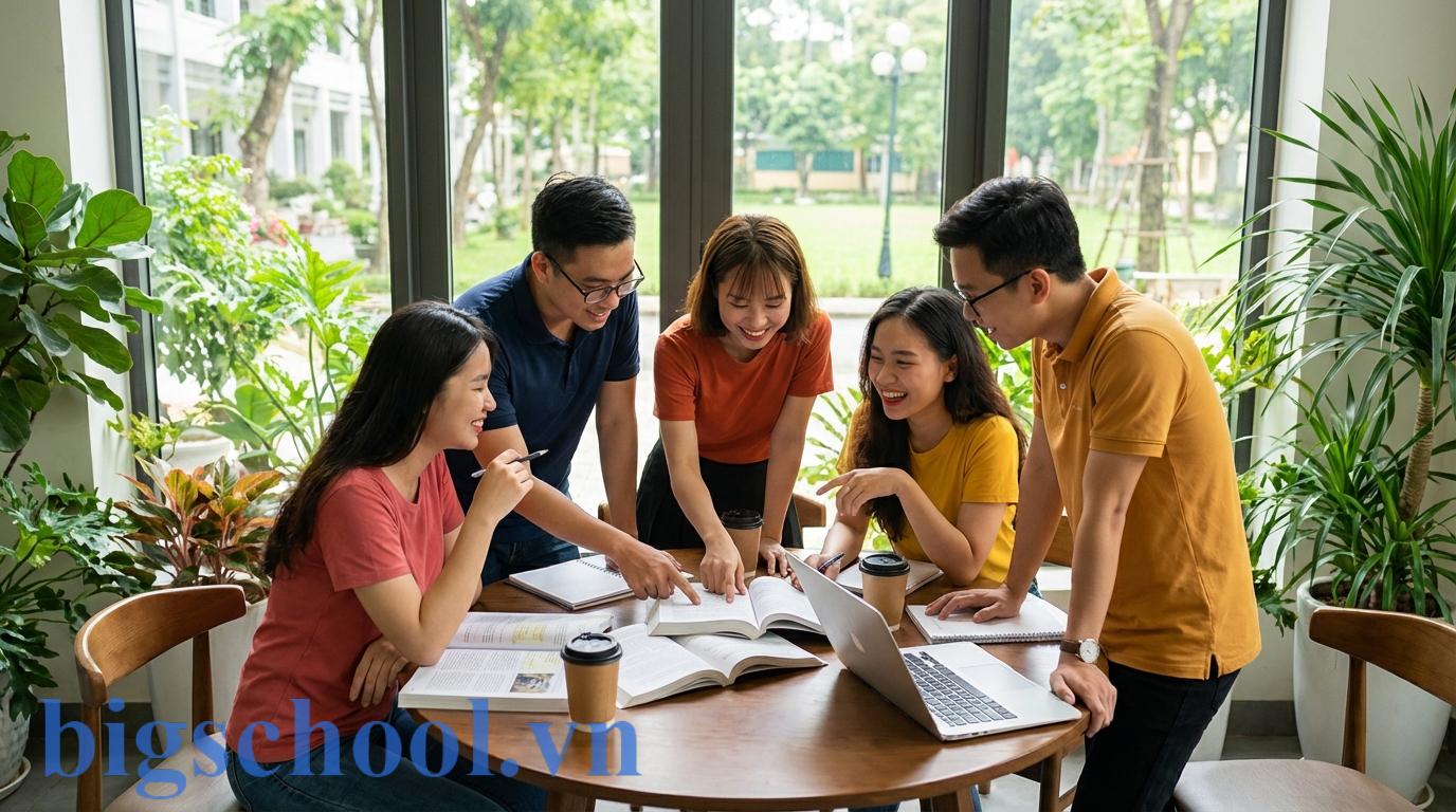 Nhóm sinh viên Việt Nam cùng nhau thảo luận bài tập nhóm và rèn luyện kỹ năng mềm.