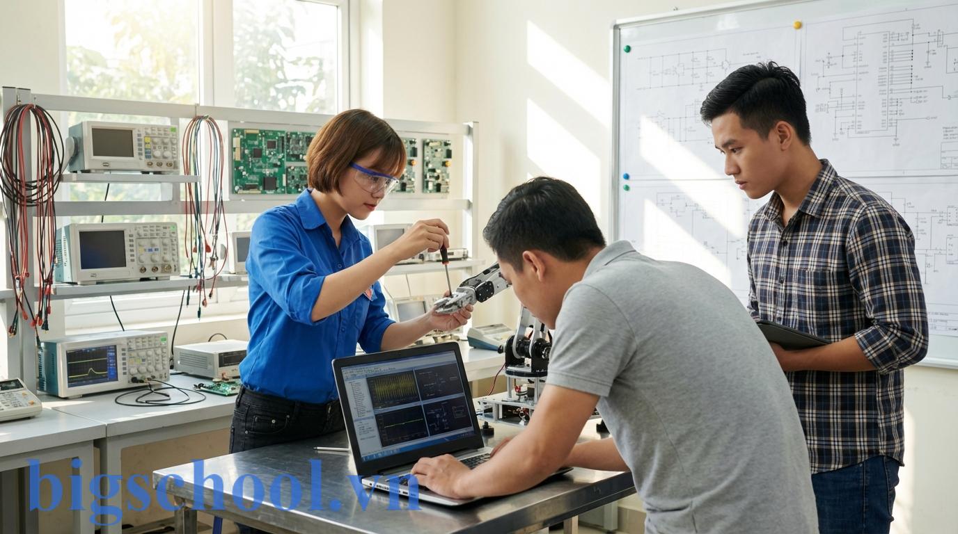 Đồ án tốt nghiệp là gì? Hướng dẫn quy trình làm đồ án chuẩn nhất 2026 1 Nhóm sinh viên Việt Nam đang cùng nhau lắp ráp và kiểm tra mô hình robot trong phòng lab.