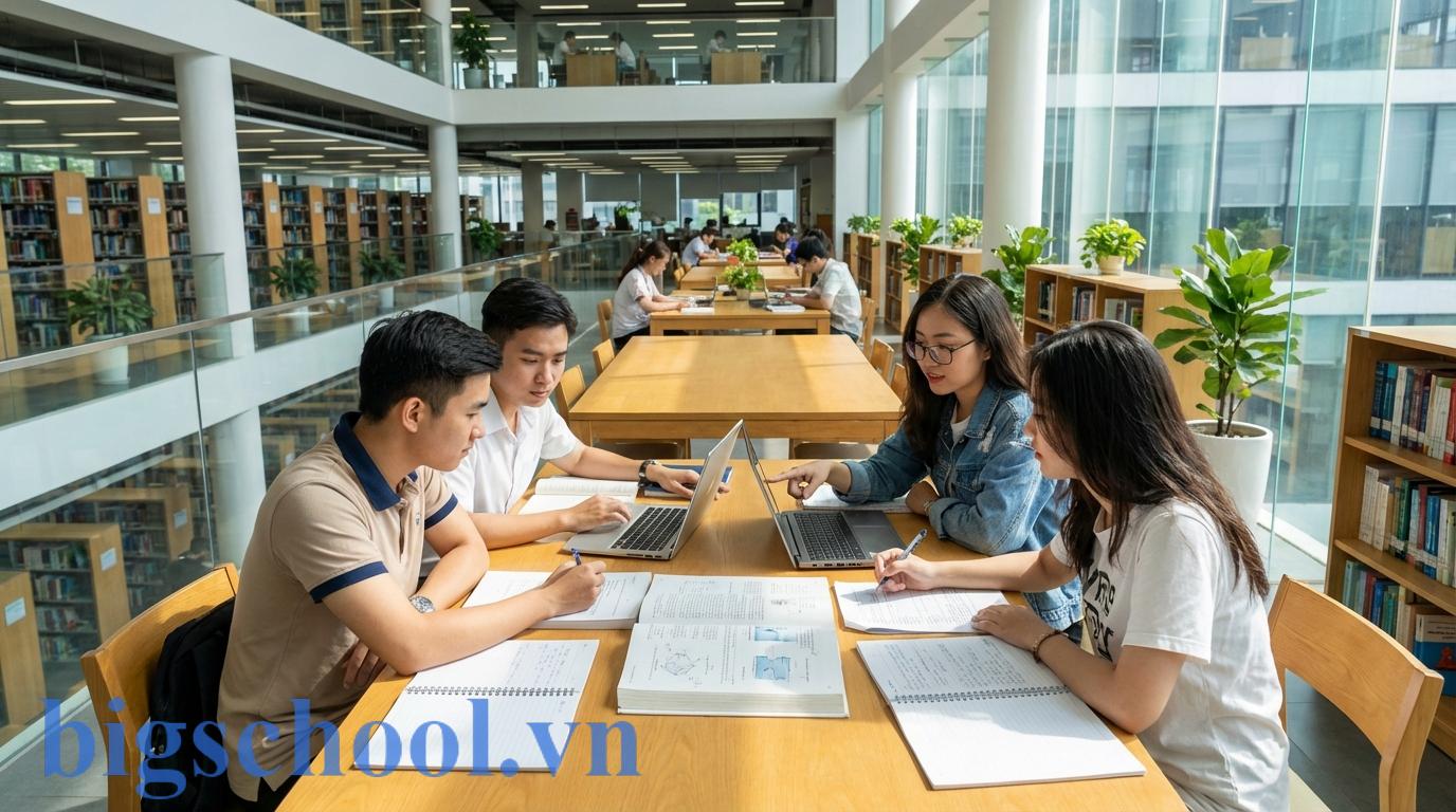 Nhóm sinh viên Việt Nam thảo luận chuyên sâu để rèn luyện năng lực chuyên môn từ học phần bắt buộc.