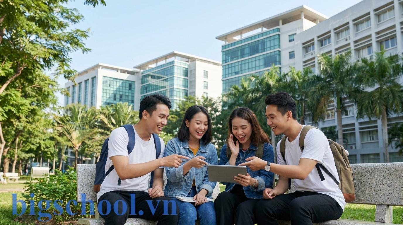 Bị điểm D có được bằng giỏi không? Lộ trình đạt bằng giỏi 2025 3 Nhóm sinh viên Việt Nam thảo luận về kế hoạch đăng ký tín chỉ và tính toán GPA.