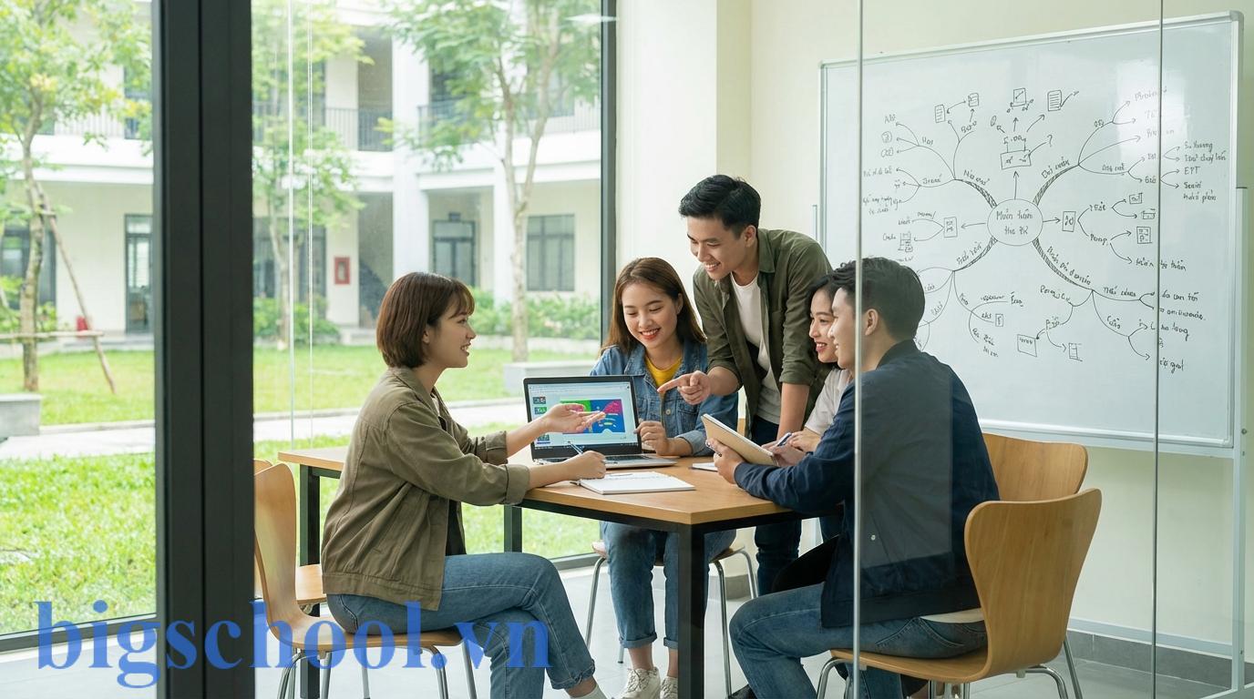 Nhóm sinh viên Việt Nam thực hành kỹ năng làm việc nhóm và thuyết trình dự án sáng tạo.