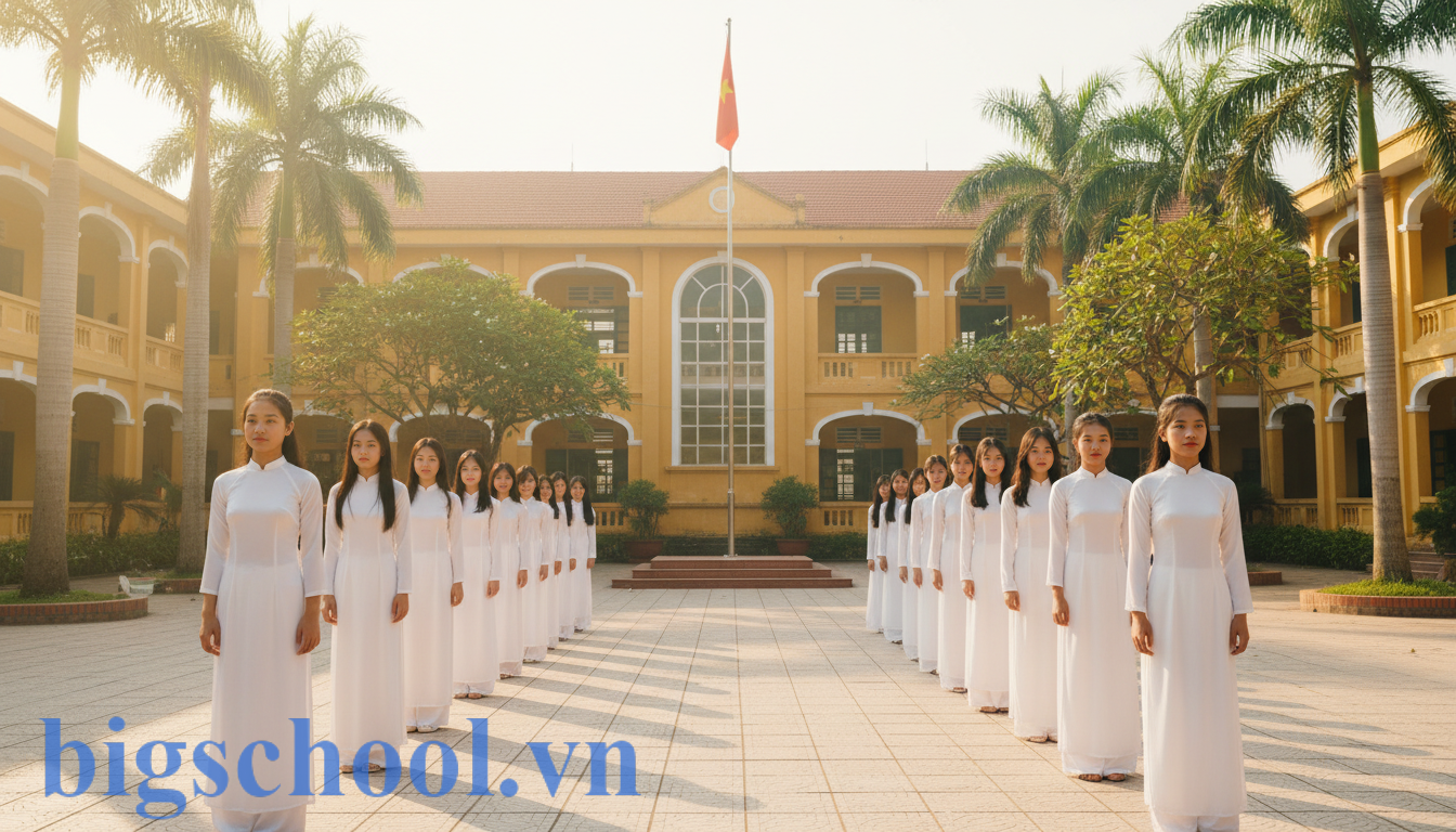 Nữ sinh hệ GDTX mặc áo dài trắng duyên dáng trong lễ chào cờ đầu tuần.