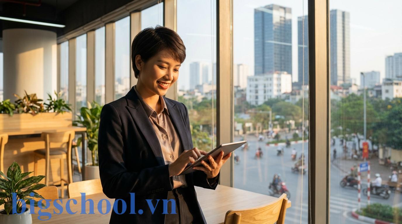 Nữ sinh viên tốt nghiệp sớm tự tin bắt đầu công việc tại một văn phòng hiện đại ở Hà Nội.