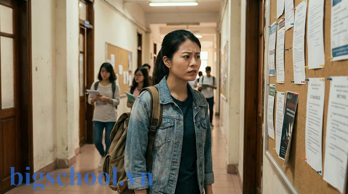 Nữ sinh viên Việt Nam lo lắng khi xem danh sách sinh viên bị cấm thi dán trên bảng tin nhà trường.