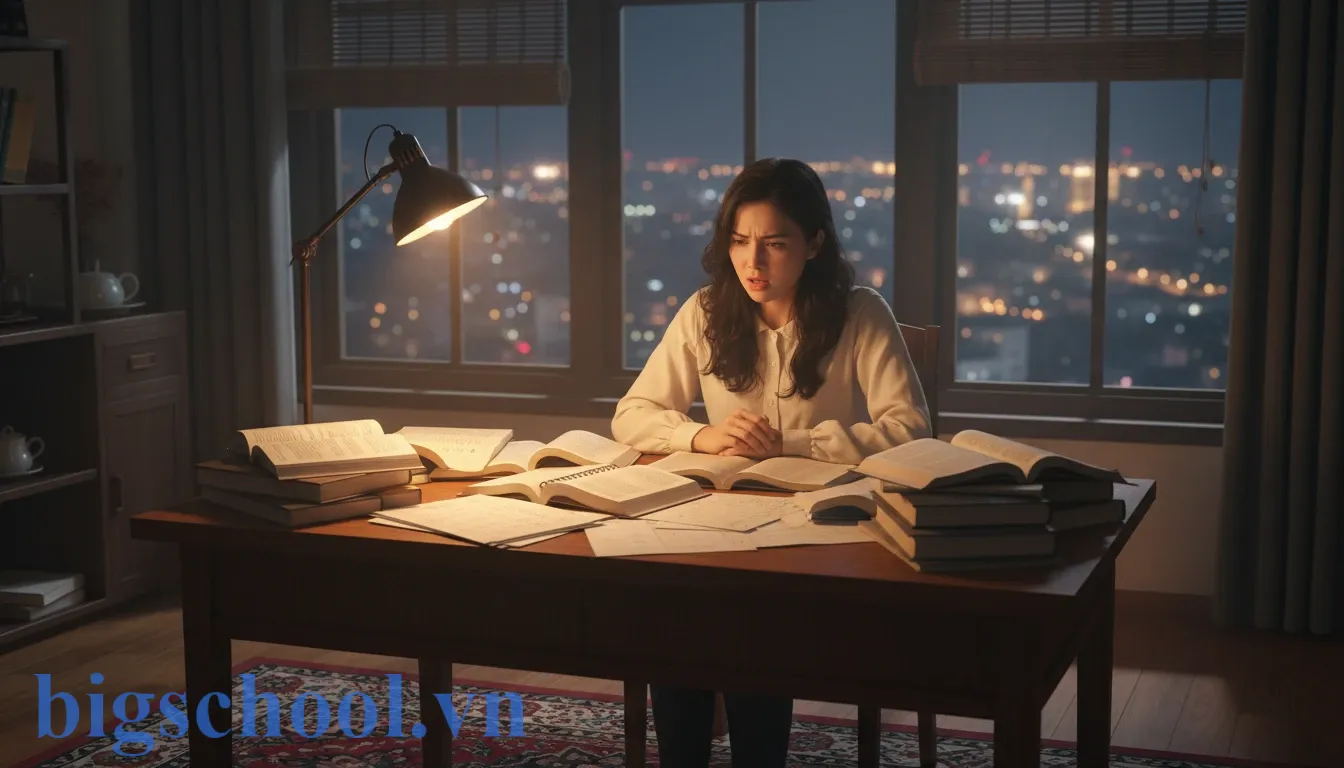 Phương pháp Spaced Repetition: Cách nhớ lâu trọn đời không cần học vẹt 1 Nữ sinh Việt Nam đang bối rối ôn tập bên bàn học do hiện tượng đường cong quên lãng.