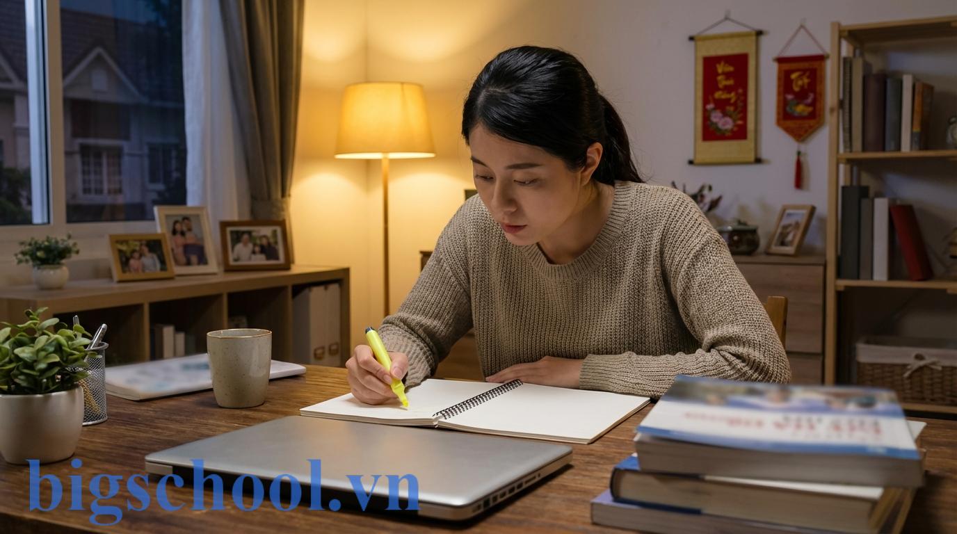 Nữ sinh Việt Nam đang sử dụng ma trận lỗi sai để ôn tập kiến thức mất gốc tại nhà.