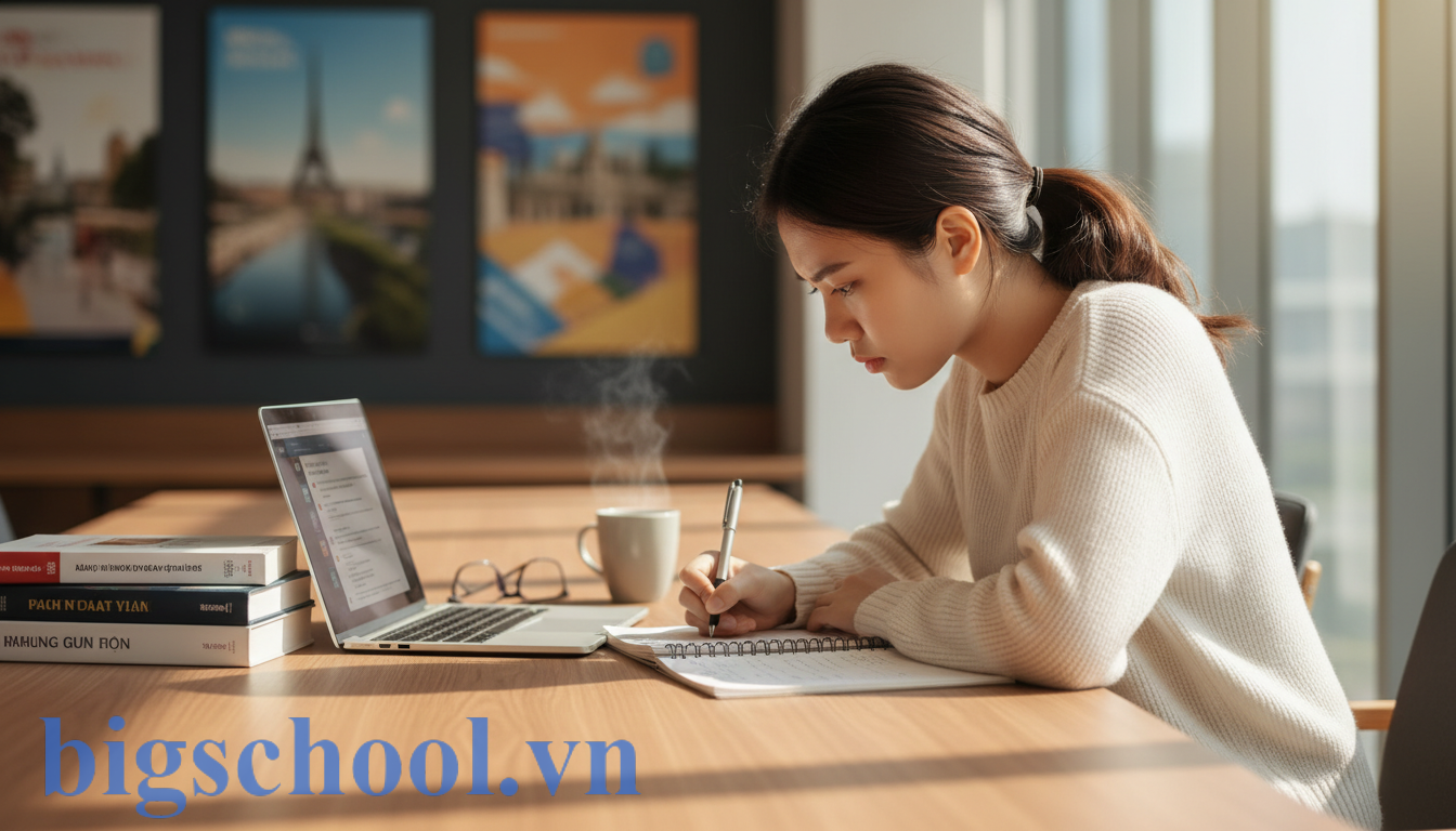 Nữ sinh Việt Nam đang tập trung ôn tập chứng chỉ tiếng Đức B1 cho chương trình du học nghề Ausbildung.