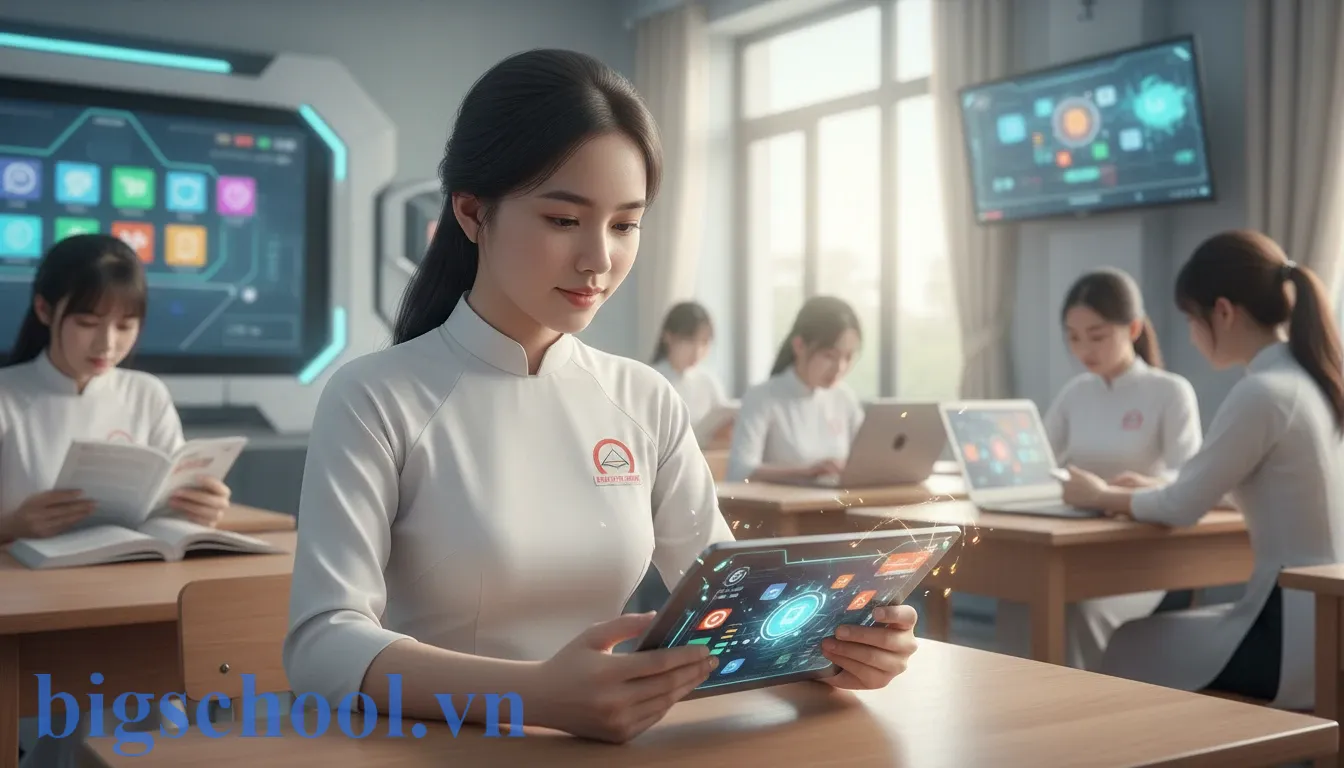 Nữ sinh Việt Nam sử dụng máy tính bảng tương tác trên diễn đàn giáo dục trực tuyến BigSchool.