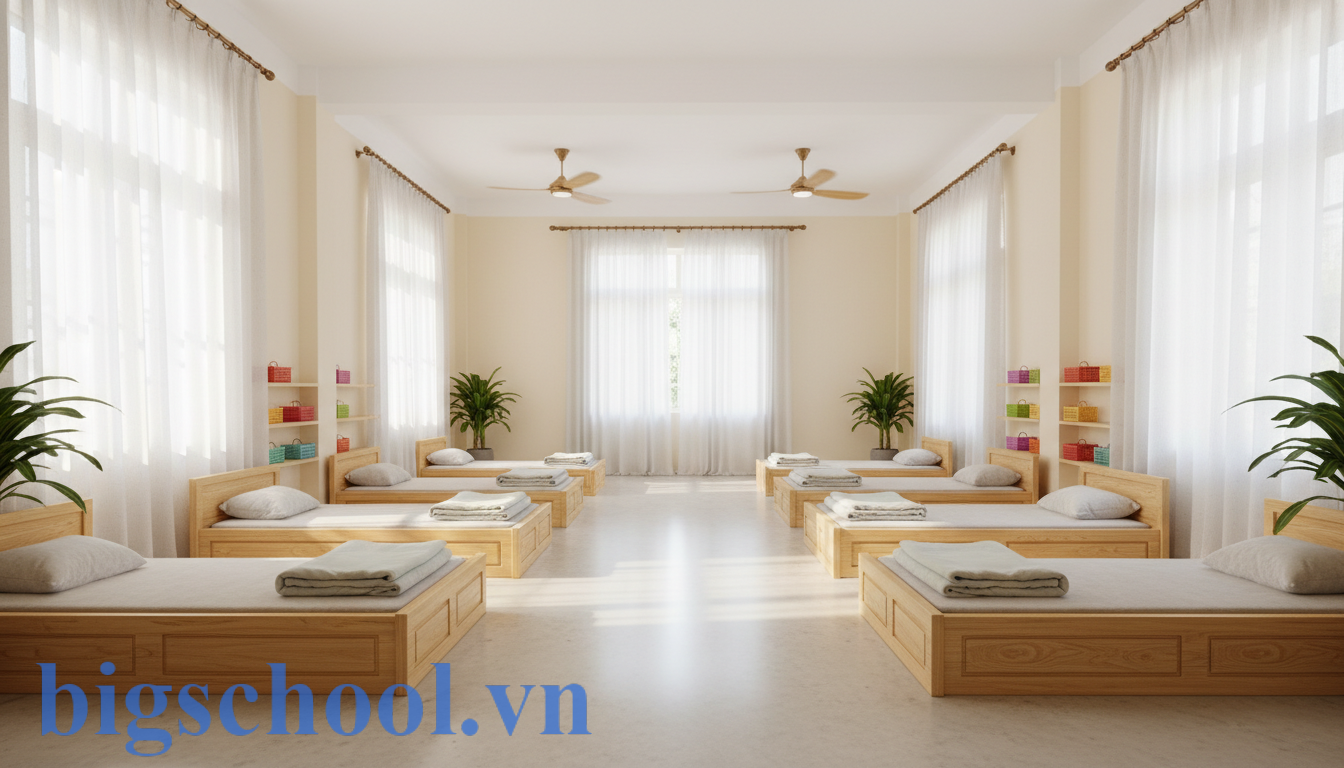 Học bán trú là gì? Cẩm nang giúp cha mẹ chọn đúng mô hình 2026 3 Phòng ngủ học sinh bán trú sạch sẽ và thông thoáng với sạp gỗ cách đất