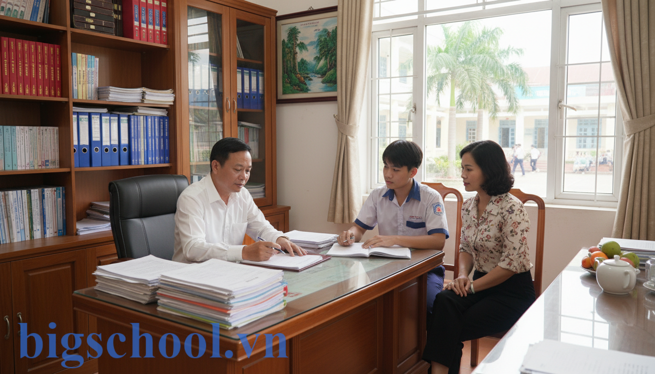Phụ huynh và học sinh thảo luận hồ sơ chuyển trường với hiệu trưởng trường THPT tại Việt Nam.