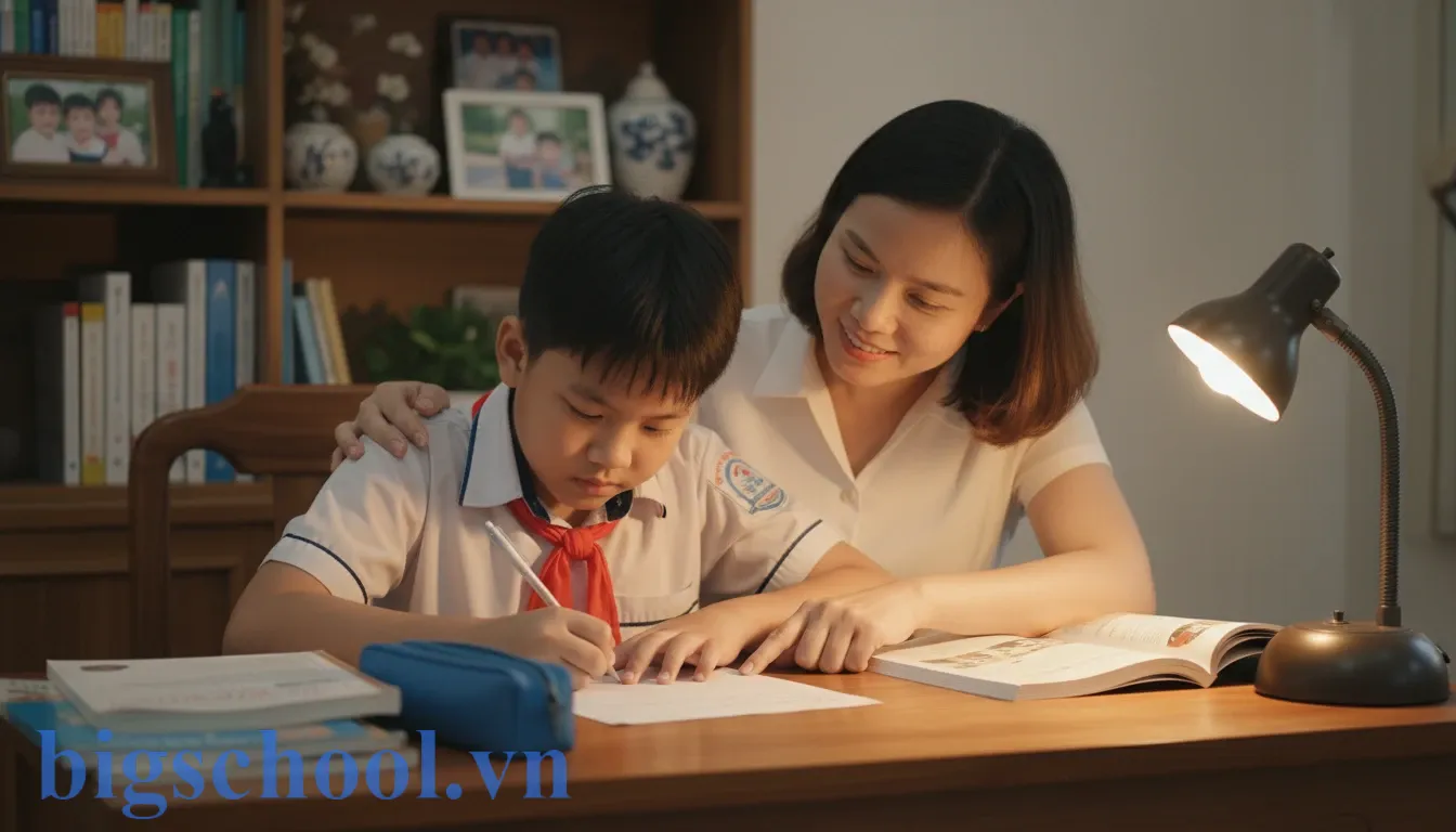 Cách viết bản kiểm điểm cấp 1 nói tục: Mẫu chuẩn & Gợi ý nội dung (2025) 1 Phụ huynh Việt Nam đang kiên nhẫn hướng dẫn con trai tiểu học viết bản kiểm điểm tại góc học tập.