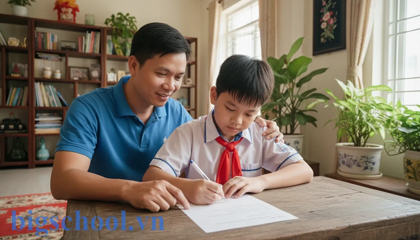 Cách viết bản kiểm điểm cấp 1 lớp 4: 3 Mẫu chuẩn & Hướng dẫn chi tiết 2025 1 Phụ huynh Việt Nam hướng dẫn học sinh lớp 4 viết bản kiểm điểm và ký xác nhận tại bàn học.