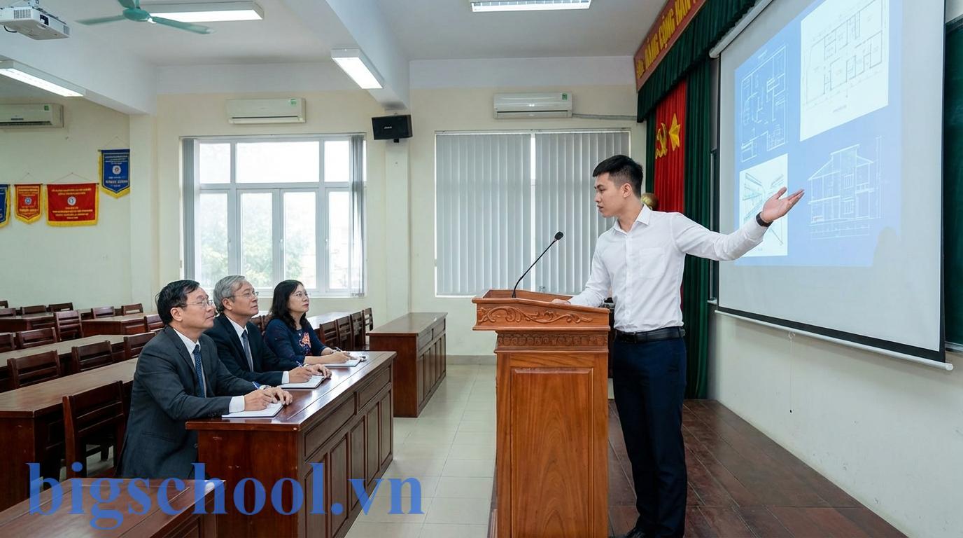 Đồ án tốt nghiệp là gì? Hướng dẫn quy trình làm đồ án chuẩn nhất 2026 3 Quang cảnh buổi bảo vệ đồ án tốt nghiệp trang trọng tại một giảng đường đại học ở Việt Nam.