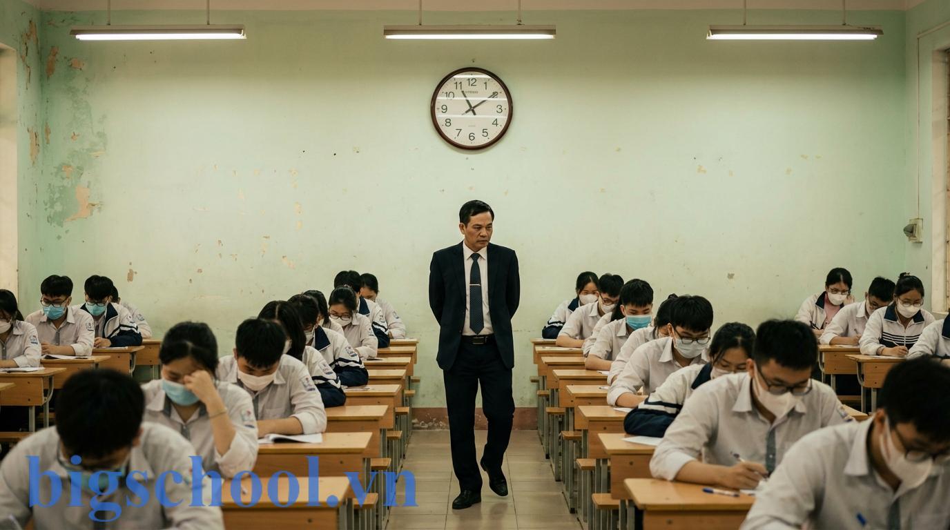 Quang cảnh phòng thi nghiêm túc tại Việt Nam với giám thị và các thí sinh đang tập trung làm bài.