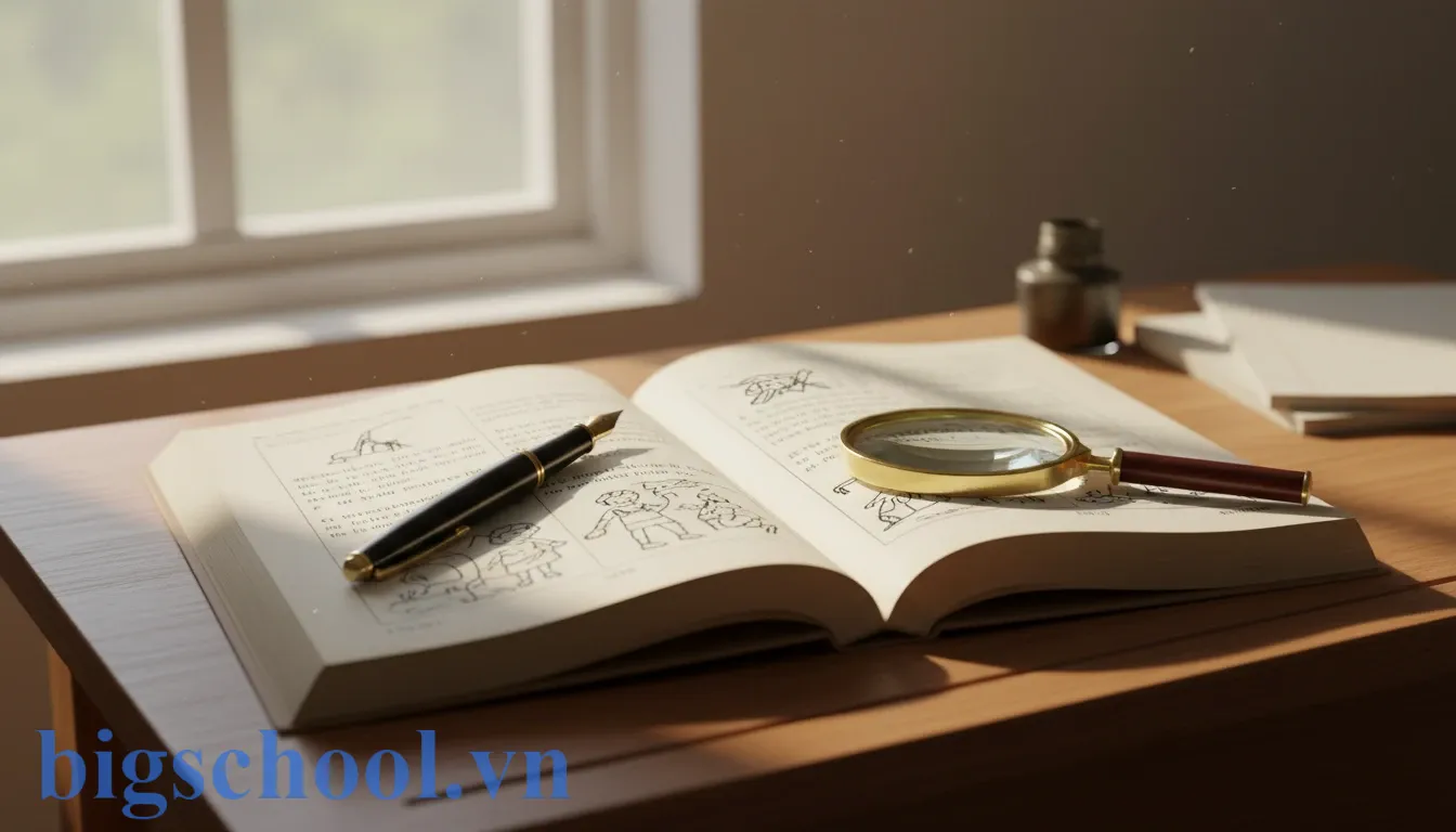 Sách giáo khoa Tiếng Việt mở sẵn trên bàn học với bút máy và kính lúp.