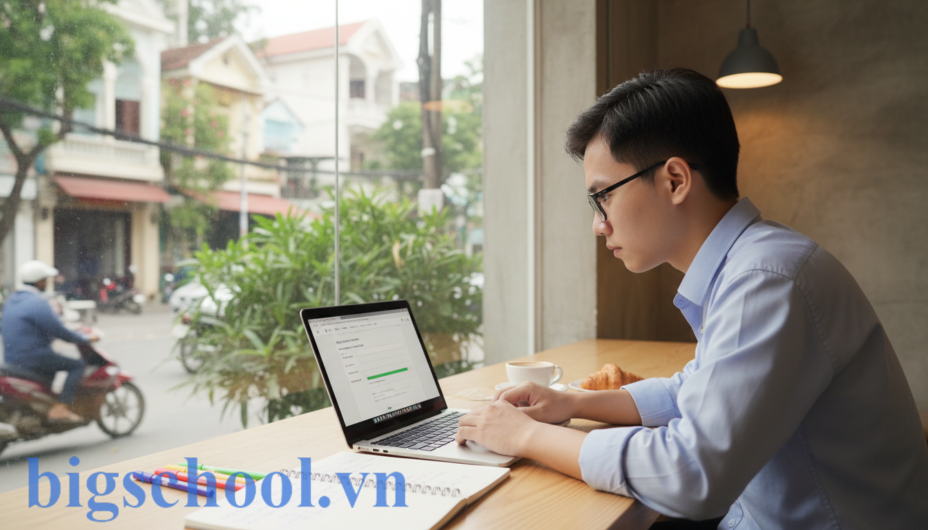 Sinh viên bị buộc thôi học có học lại được không theo quy chế mới nhất 2026? 1 Sinh viên nam người Việt ngồi nghiên cứu quy chế xét tuyển lại đại học tại quán cà phê.