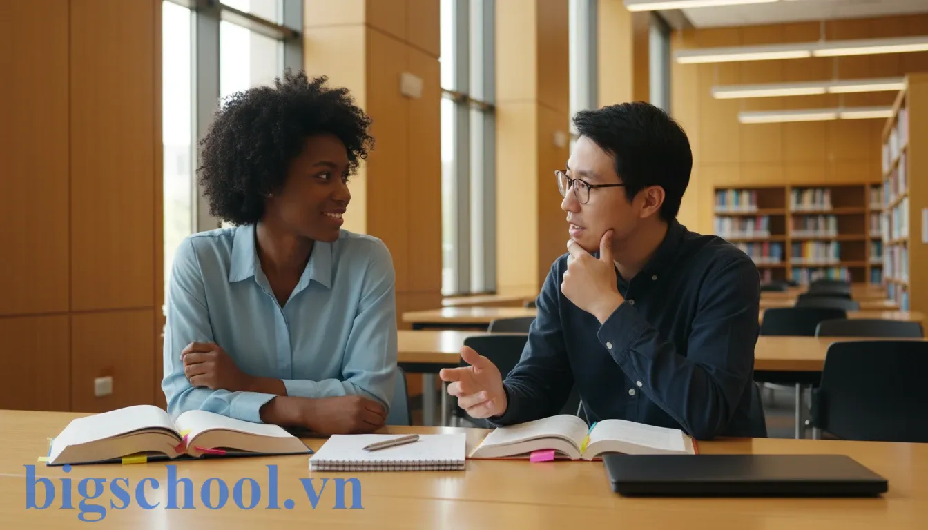 Sinh viên thảo luận chân thành và lắng nghe nhau trong thư viện đại học hiện đại.