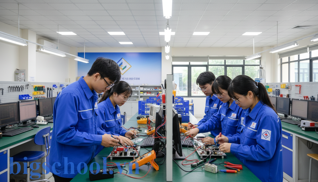 Sinh viên bị buộc thôi học có học lại được không theo quy chế mới nhất 2026? 3 Sinh viên thực hành kỹ thuật tại xưởng của trường cao đẳng sau khi chuyển hướng học tập.