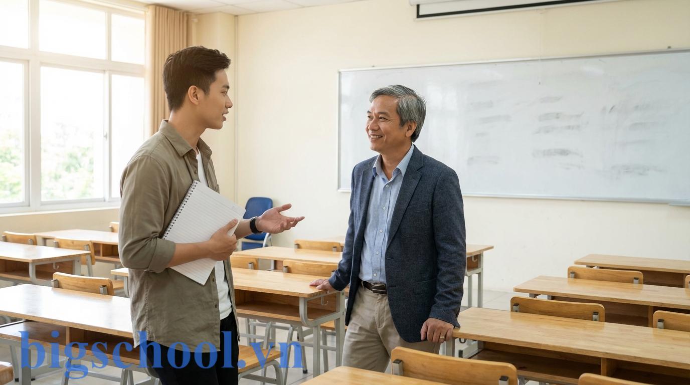 Sinh viên trao đổi tích cực với giảng viên sau giờ học để cải thiện điểm số và thái độ học tập.