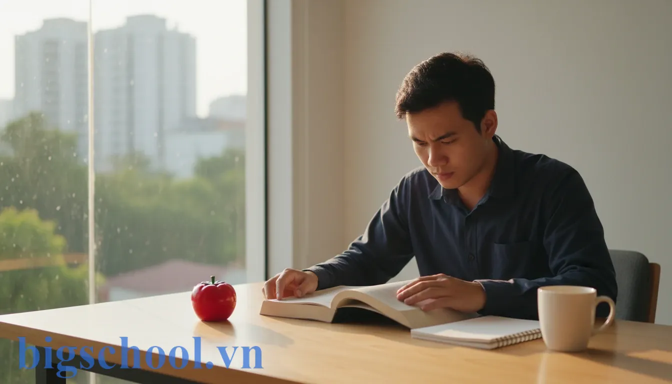 Sinh viên Việt Nam đang học tập trung với chiếc đồng hồ Pomodoro đặt trên bàn gỗ.