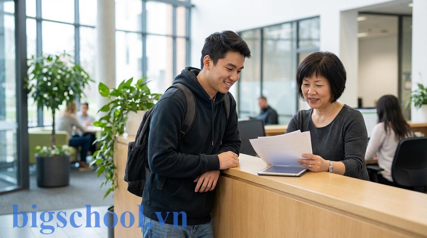 Sinh viên Việt Nam đang nộp đơn xin rút hồ sơ tại quầy tiếp nhận một cửa của nhà trường.