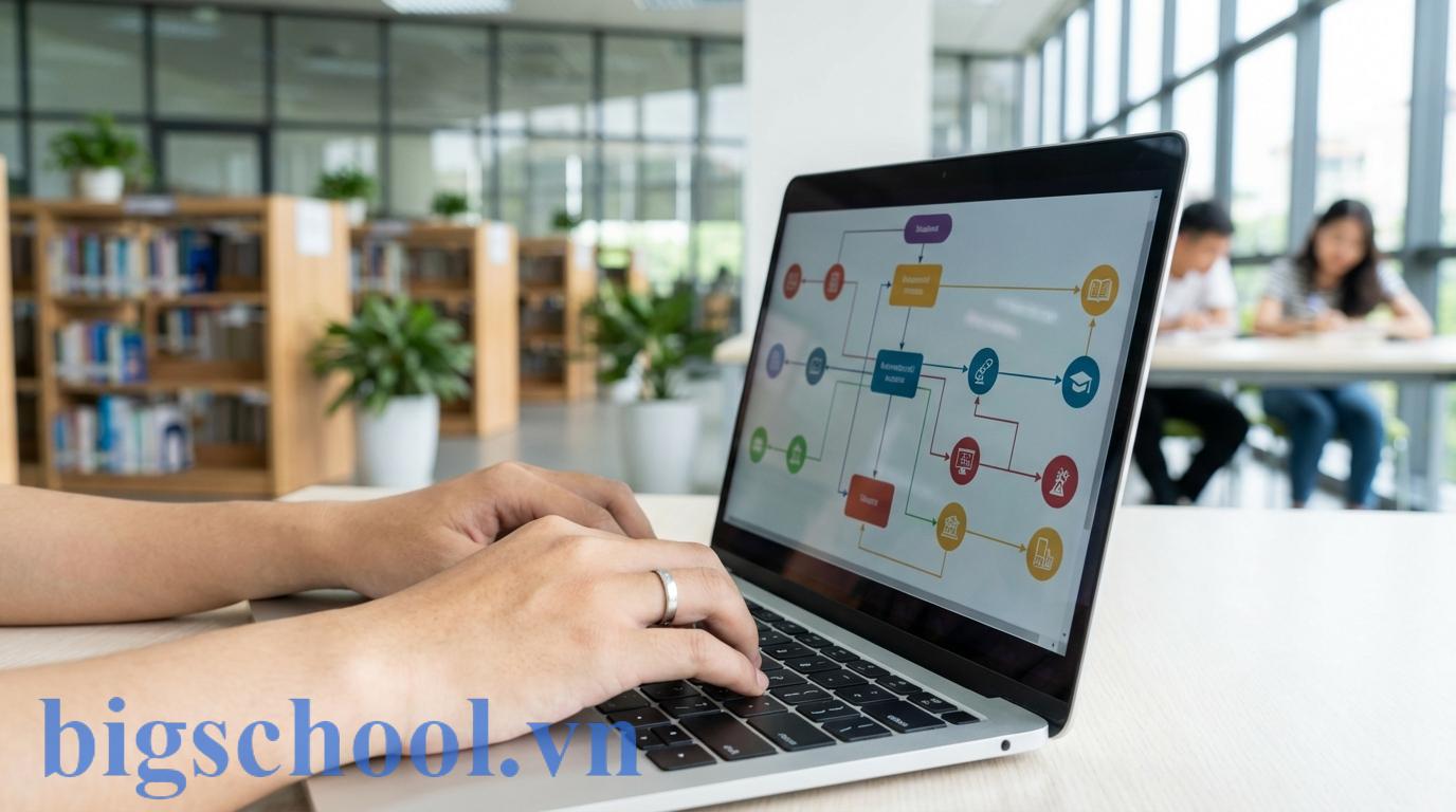 Sinh viên Việt Nam đang xem xét sơ đồ môn học tiên quyết trên máy tính tại thư viện.