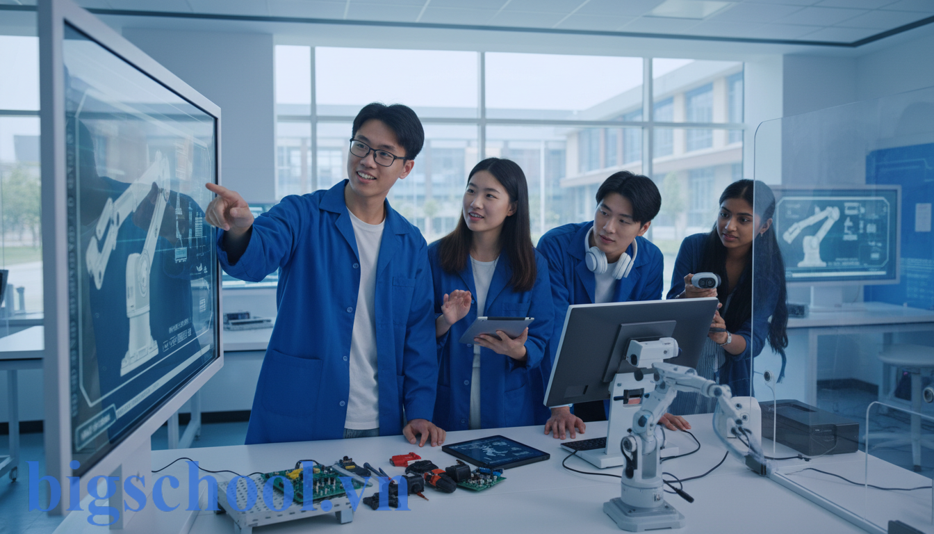 Sinh viên Việt Nam học tập tại một phòng lab kỹ thuật hiện đại của trường Cao đẳng quốc tế.