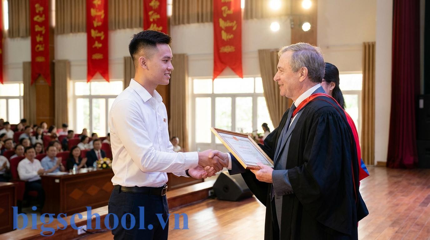 Sinh viên Việt Nam nhận chứng nhận học bổng tại hội trường đại học trang trọng.