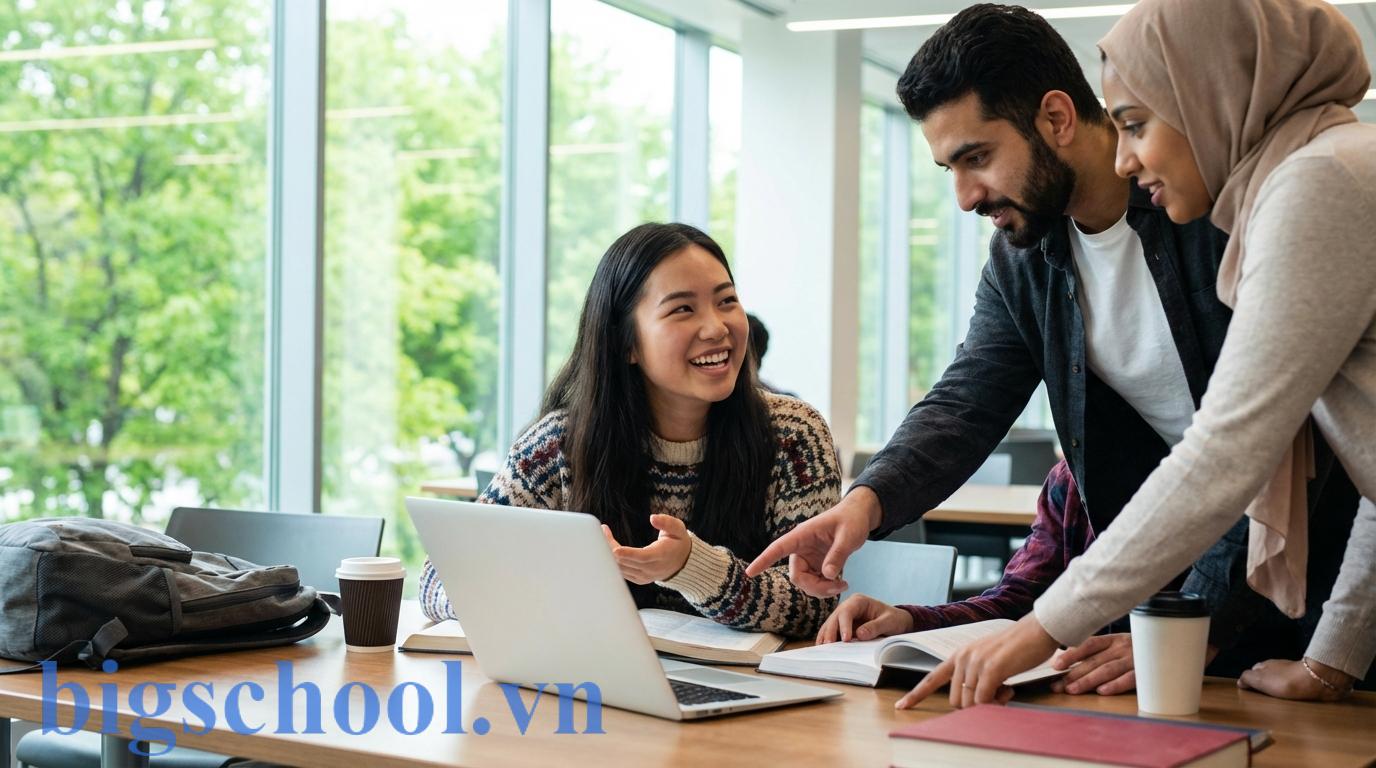 Sinh viên Việt Nam rèn luyện kỹ năng làm việc nhóm cùng bạn bè quốc tế tại thư viện đại học.