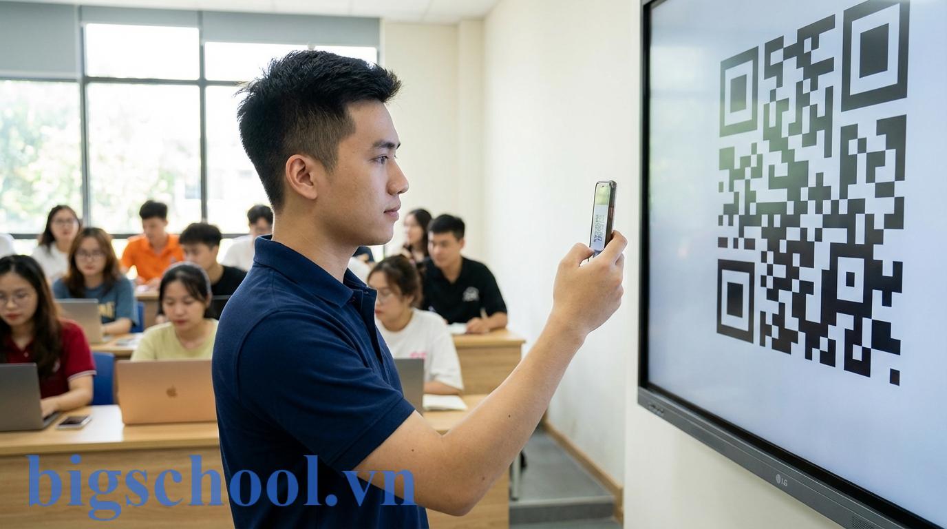 Sinh viên Việt Nam sử dụng điện thoại thông minh quét mã QR để điểm danh trong giảng đường đại học.