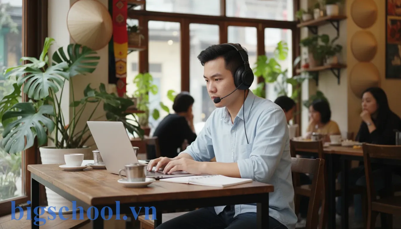 Sinh viên Việt Nam thực hành bước Shadowing song song không nhìn văn bản để rèn luyện sự tập trung.