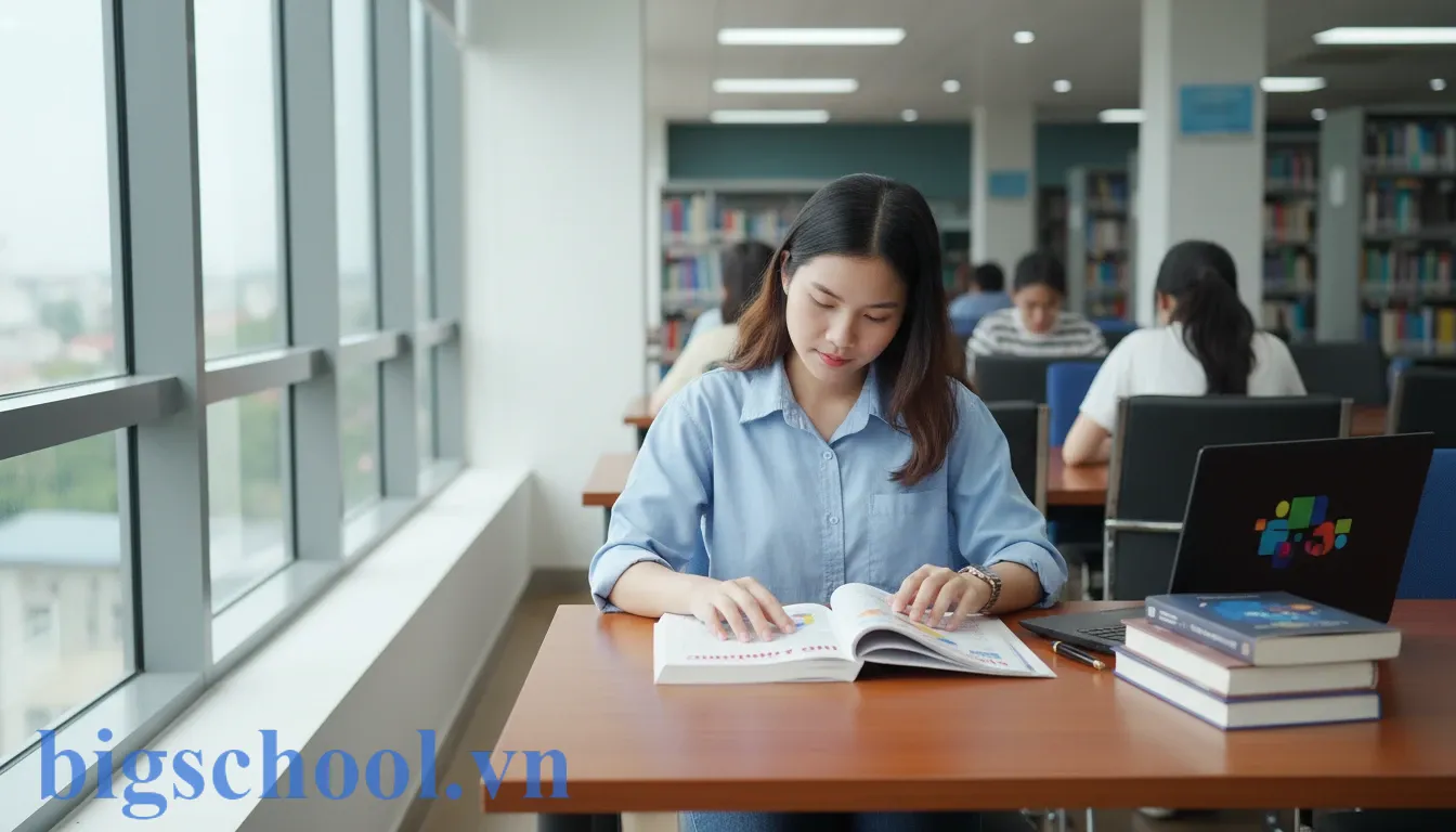 Sinh viên Việt Nam thực hiện bước khảo sát mục lục và tiêu đề sách để nắm bắt khung kiến thức.