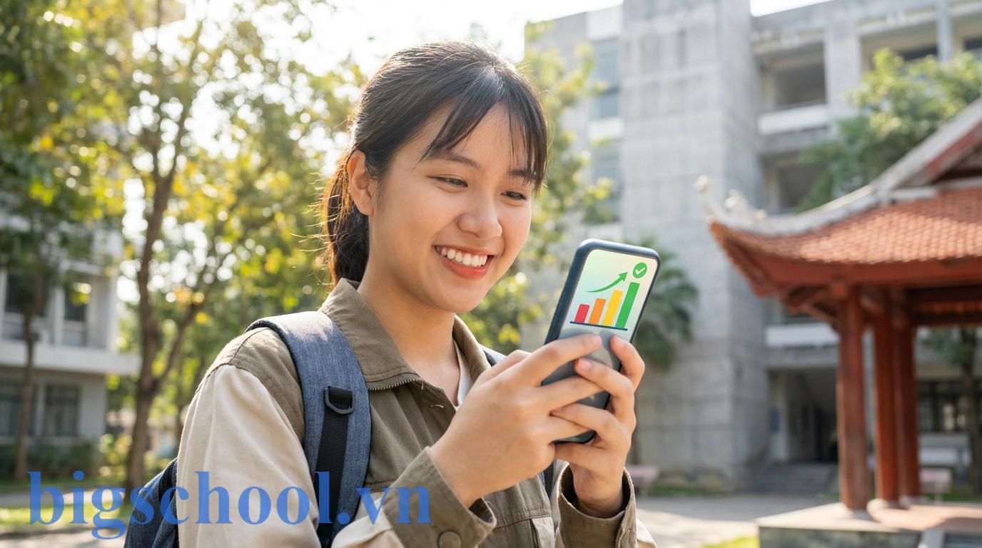 Sinh viên Việt Nam vui mừng kiểm tra điểm GPA cao trên điện thoại trong khuôn viên trường đại học.