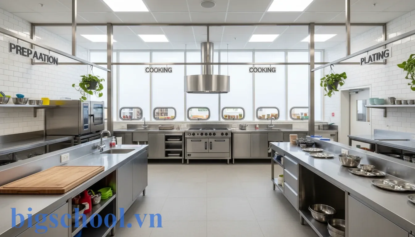 Sơ đồ bố trí khu vực bếp mầm non theo nguyên tắc một chiều giúp ngăn ngừa nhiễm khuẩn chéo thực phẩm.