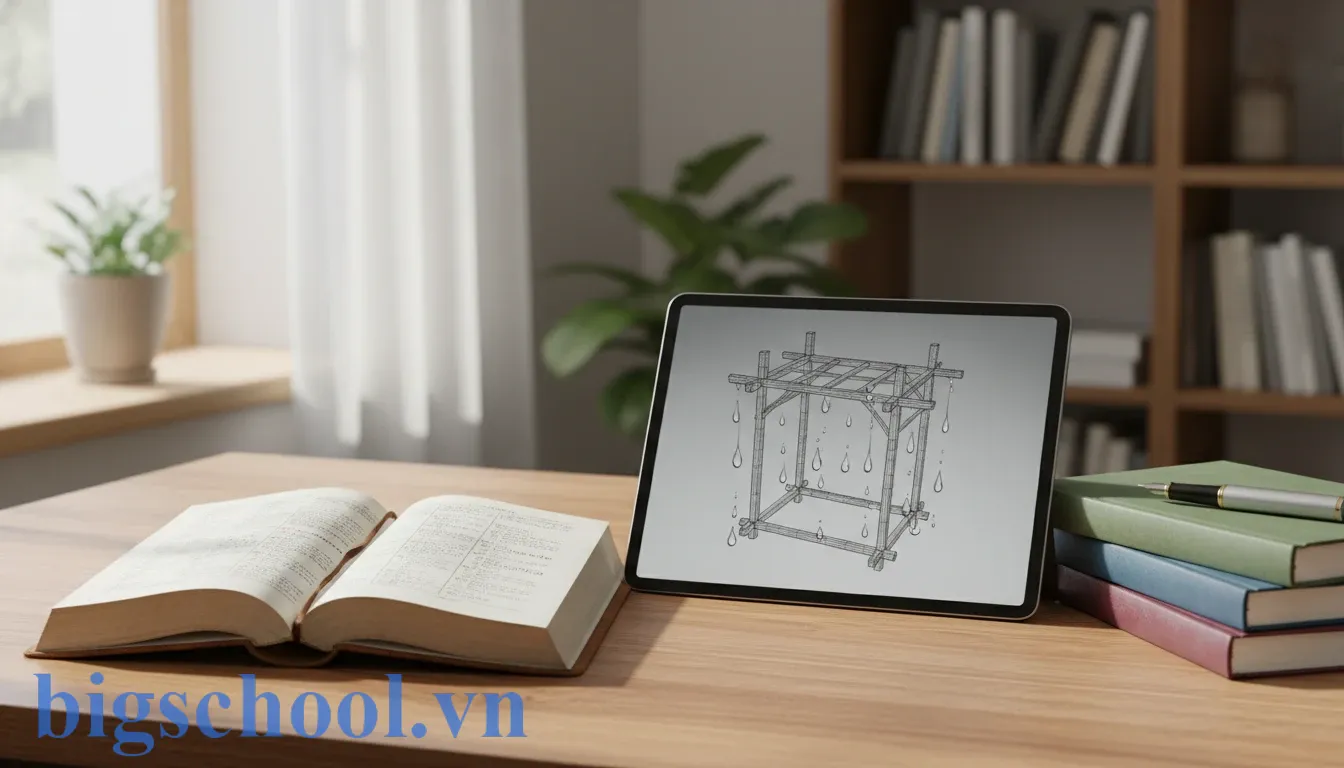 Sơ đồ minh họa khái niệm giàn gỗ và nước mắt tuôn rơi giúp ghi nhớ chính tả giàn giụa.