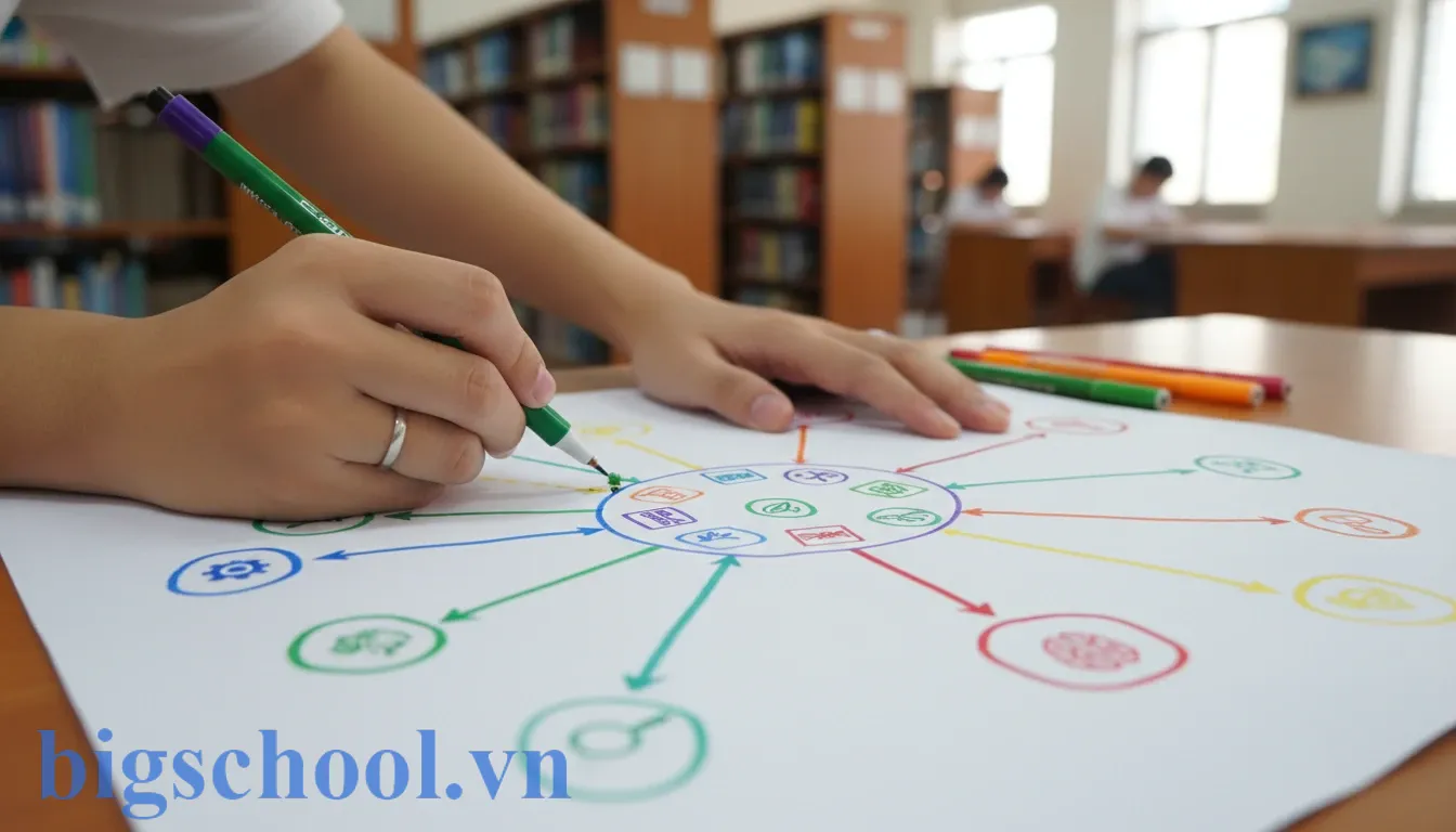 Phương pháp học đại học hiệu quả: Lộ trình "thoát kiếp" học vẹt cho tân sinh viên 2 Sơ đồ tư duy đầy màu sắc giúp sinh viên hệ thống hóa kiến thức chuyên ngành phức tạp.