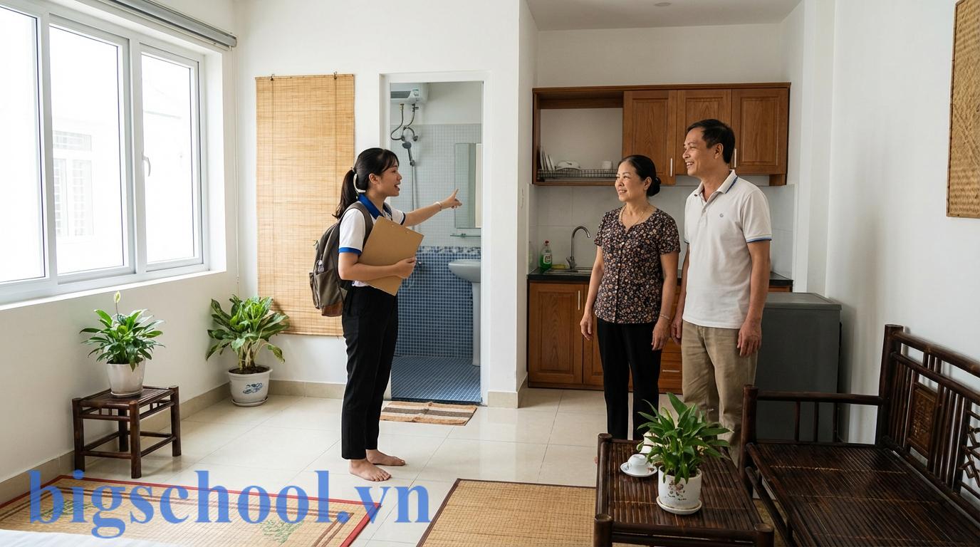 Tân sinh viên và phụ huynh đang trao đổi trực tiếp với chủ nhà khi đi xem phòng trọ.