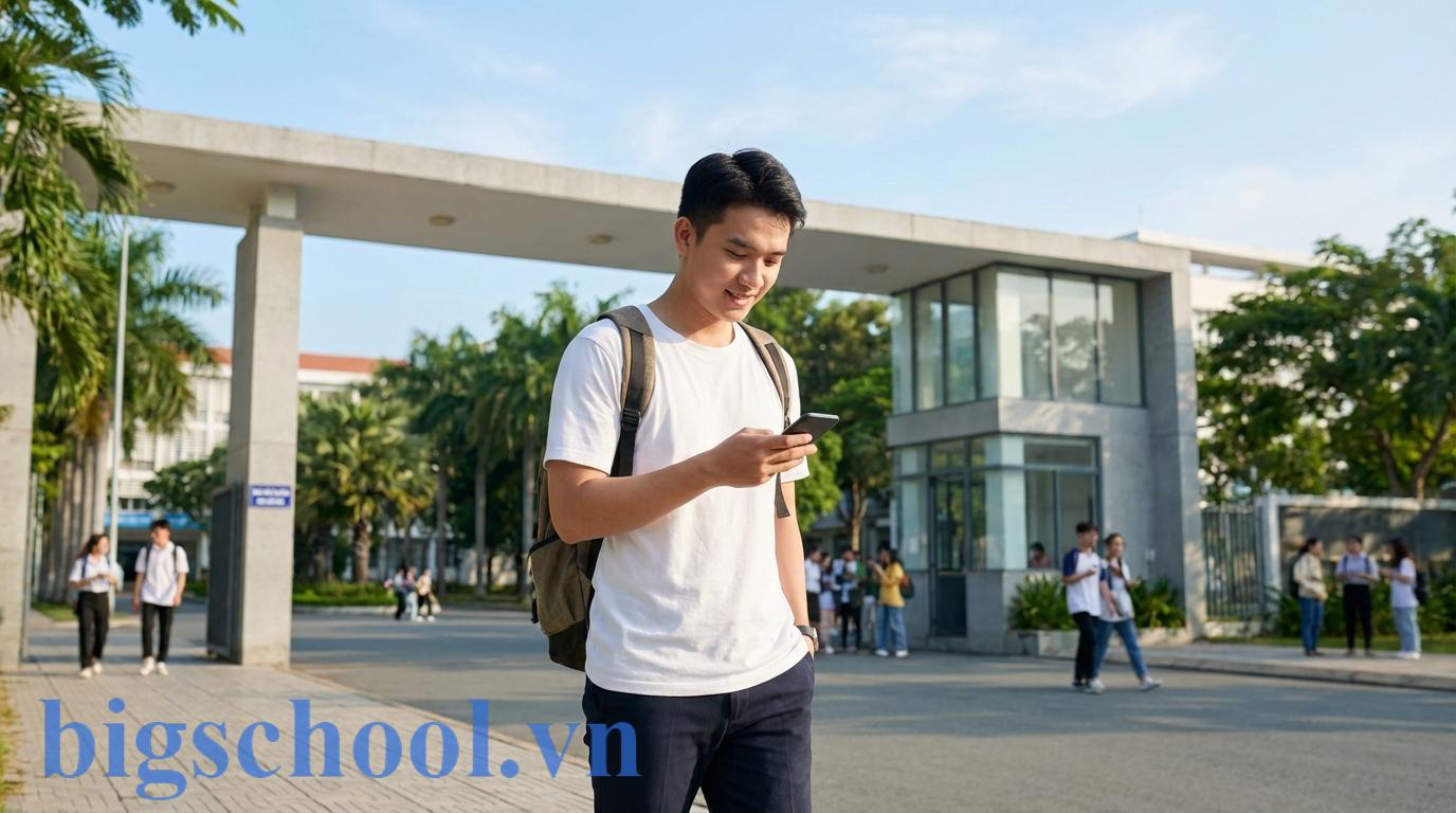 Tân sinh viên Việt Nam đứng trước cổng trường đại học đầy tự hào và háo hức.