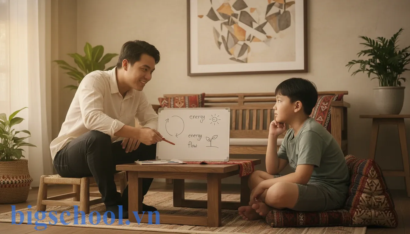 Thanh niên Việt Nam giải thích khái niệm phức tạp cho đứa trẻ bằng ngôn ngữ đơn giản trực quan.