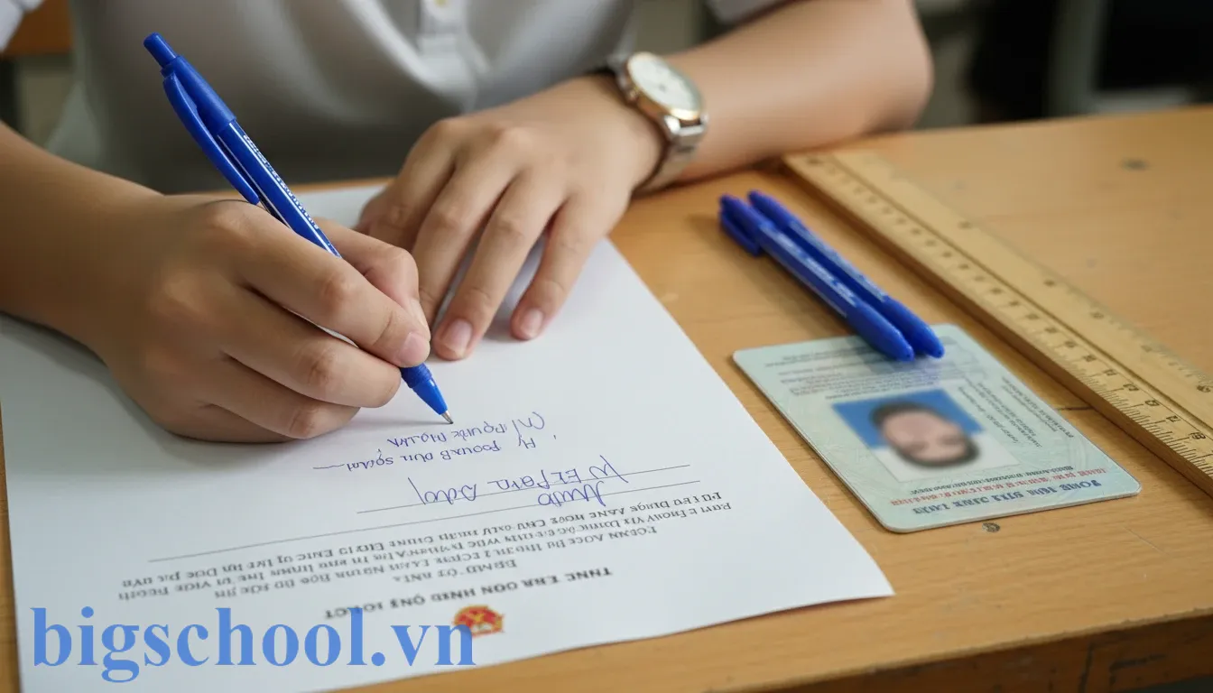 Thí sinh chuẩn bị nhiều bút cùng màu mực trên bàn gỗ để tránh lỗi đánh dấu bài.