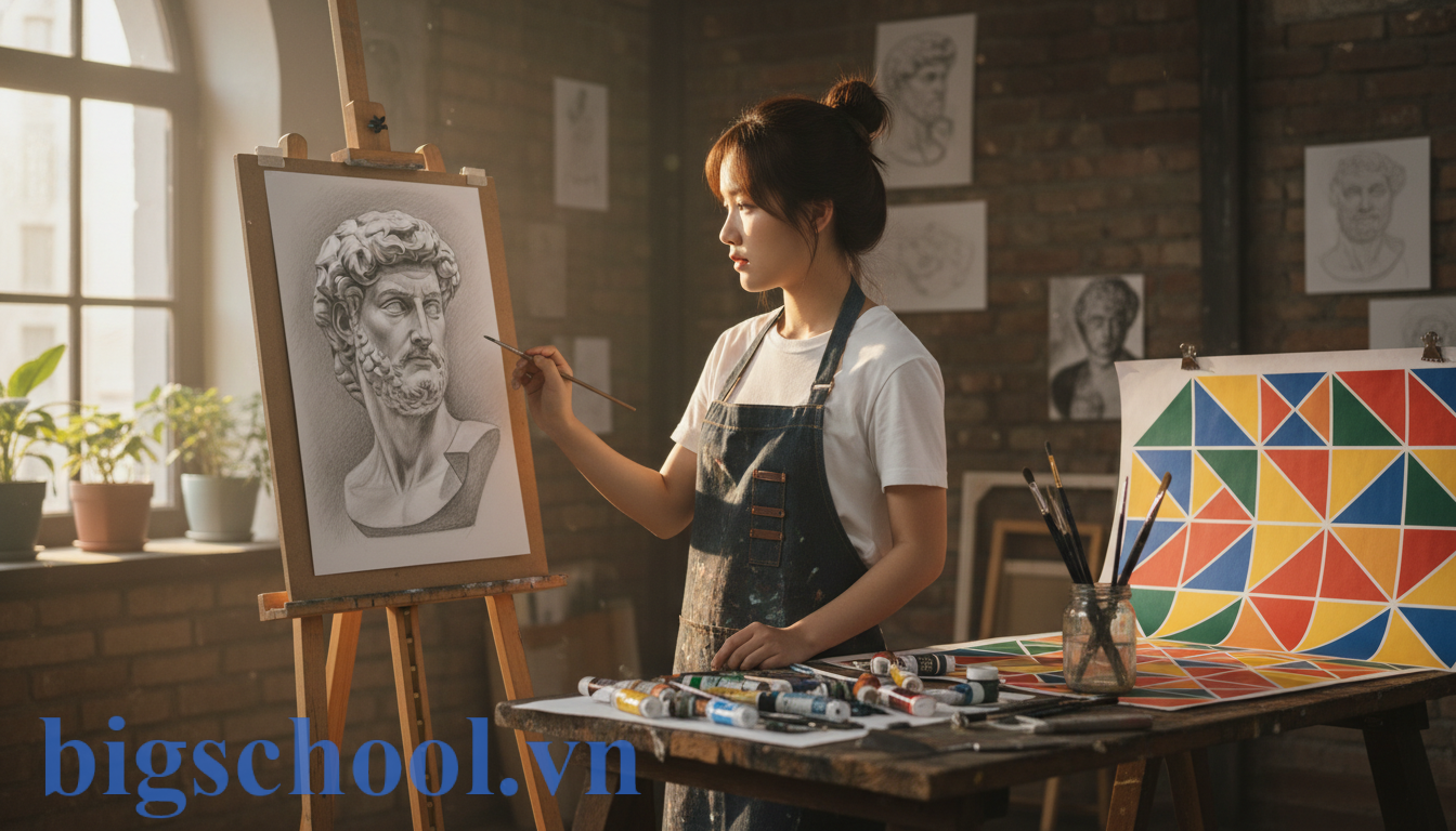 Thí sinh ôn thi khối H01 thực hành vẽ hình họa tượng thạch cao và trang trí màu