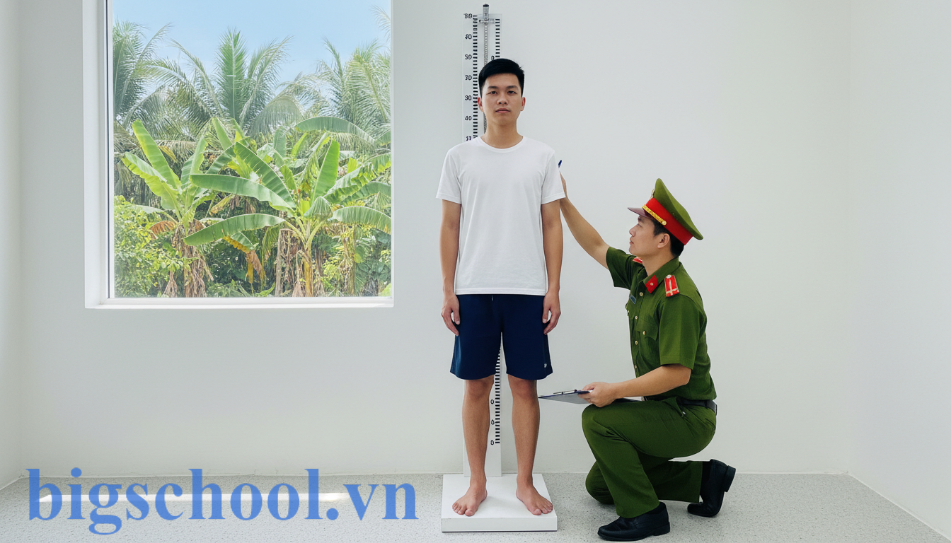 Thí sinh thực hiện đo chiều cao và kiểm tra sức khỏe tại buổi sơ tuyển công an địa phương.