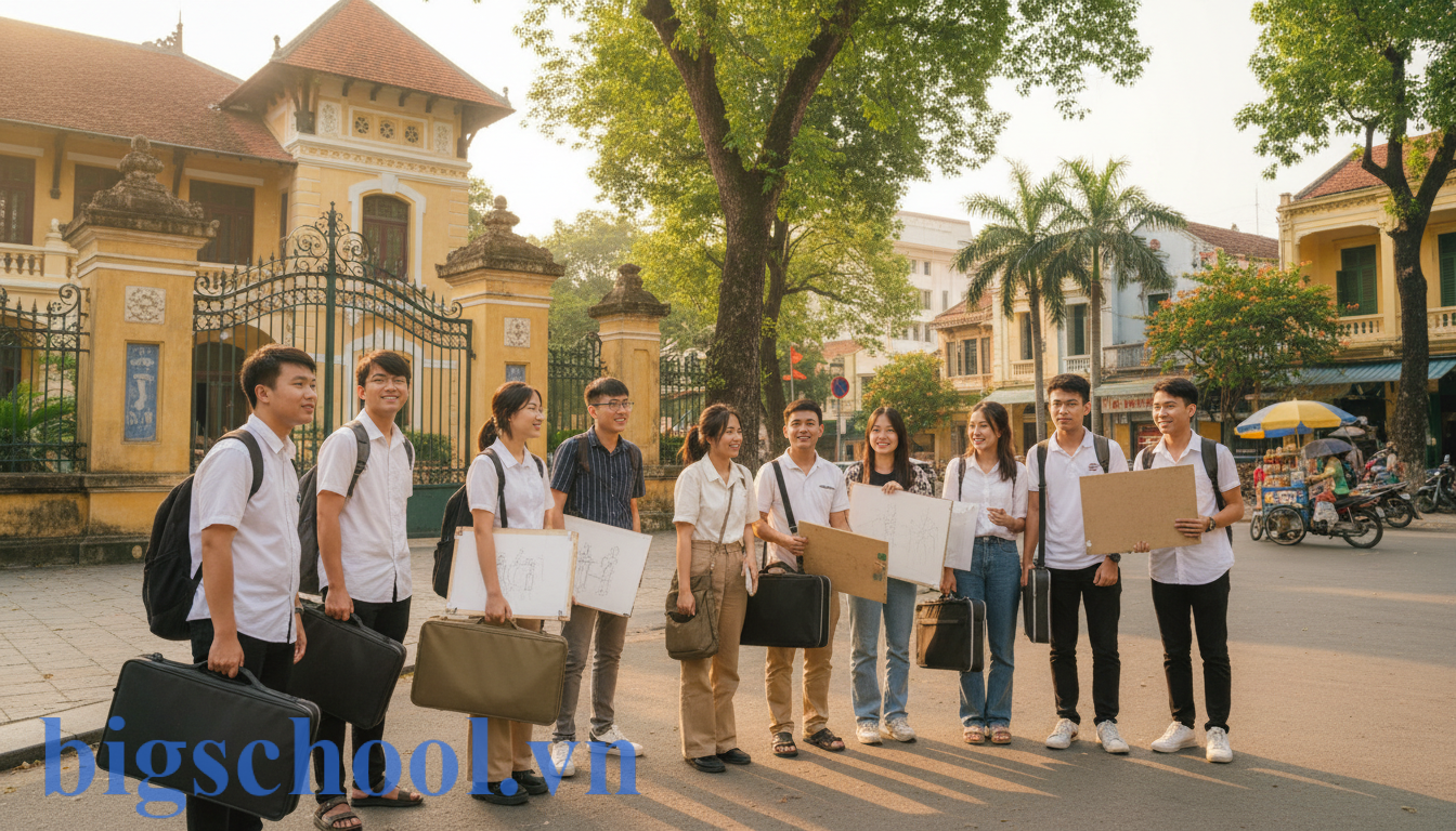 Thí sinh Việt Nam chuẩn bị bước vào kỳ thi năng khiếu khối H01 tại cổng trường đại học