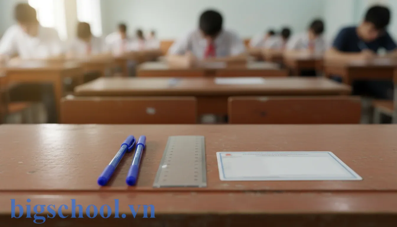 Bị đánh dấu bài thi THPT trừ bao nhiêu điểm? Cảnh báo lỗi mất 50% điểm (2025) 2 Thí sinh Việt Nam chuẩn bị sẵn bút cùng màu mực trên bàn gỗ trước khi bắt đầu bài thi tốt nghiệp.