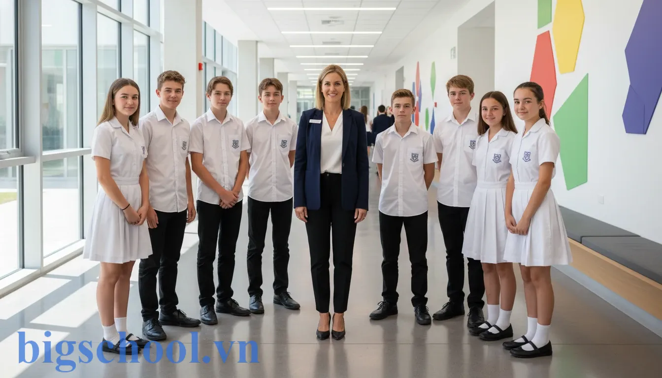 Trang phục sư phạm chuẩn mực phối hợp cùng đồng phục học sinh chỉnh tề trong không gian trường học.