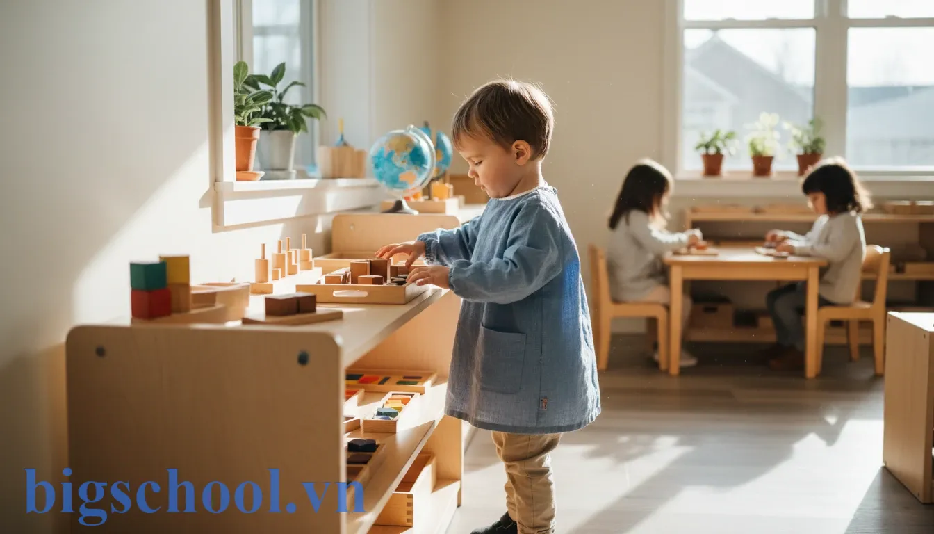 Nội quy lớp học Montessori giúp trẻ hình thành kỷ luật tự giác 1 Trẻ em thực hiện chu trình làm việc Montessori bằng cách cất giáo cụ lên kệ gỗ đúng vị trí.