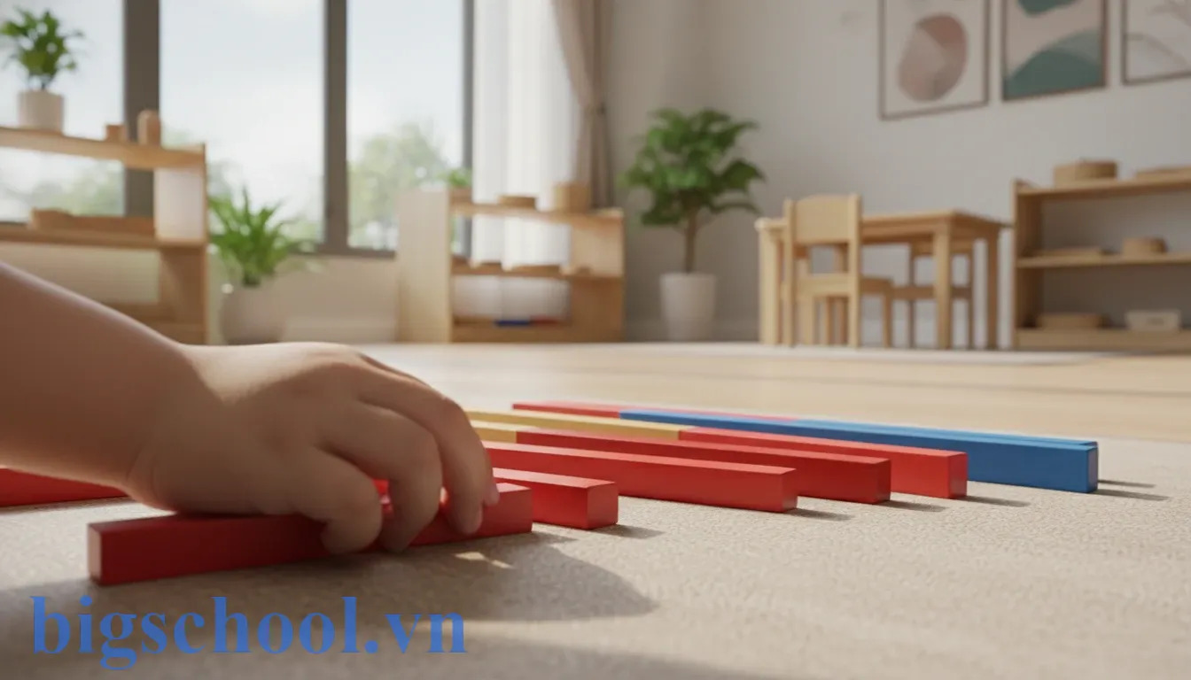 Trẻ mầm non Việt Nam đang thực hành với gậy số Montessori để phát triển tư duy toán học.