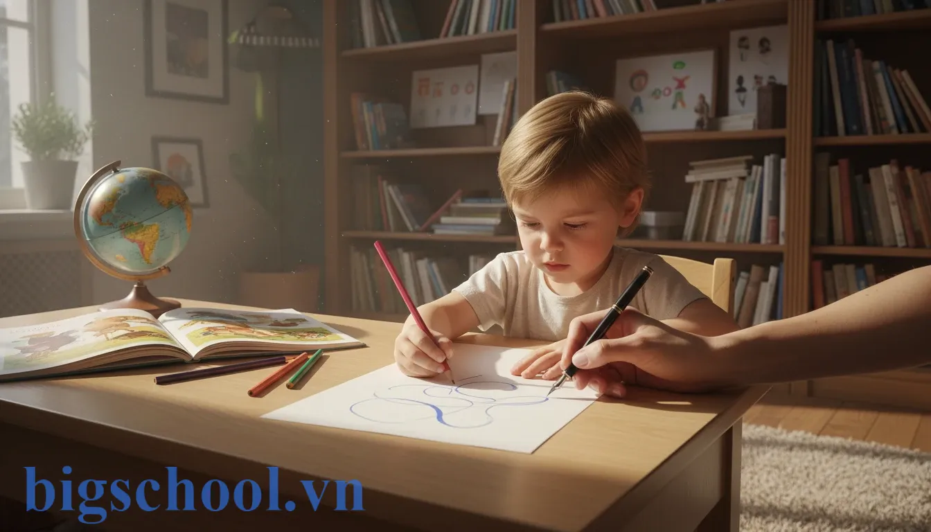 Trẻ nhỏ đang thực hiện hành vi bắt chước viết chữ chuẩn xác tại bàn học.