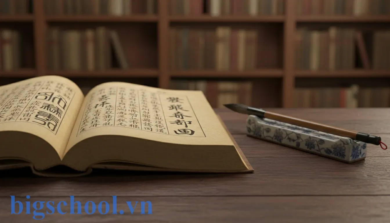 Từ điển Hán Việt cổ và bút lông trên bàn gỗ minh họa nguồn gốc từ Trí mạng.